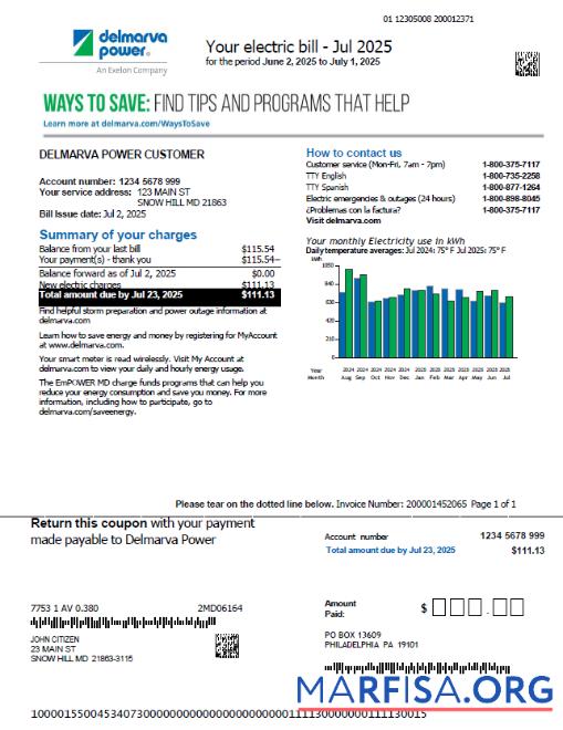 Downloadable USA Delmarva Power utility bill template in Word and PDF formats, version 3